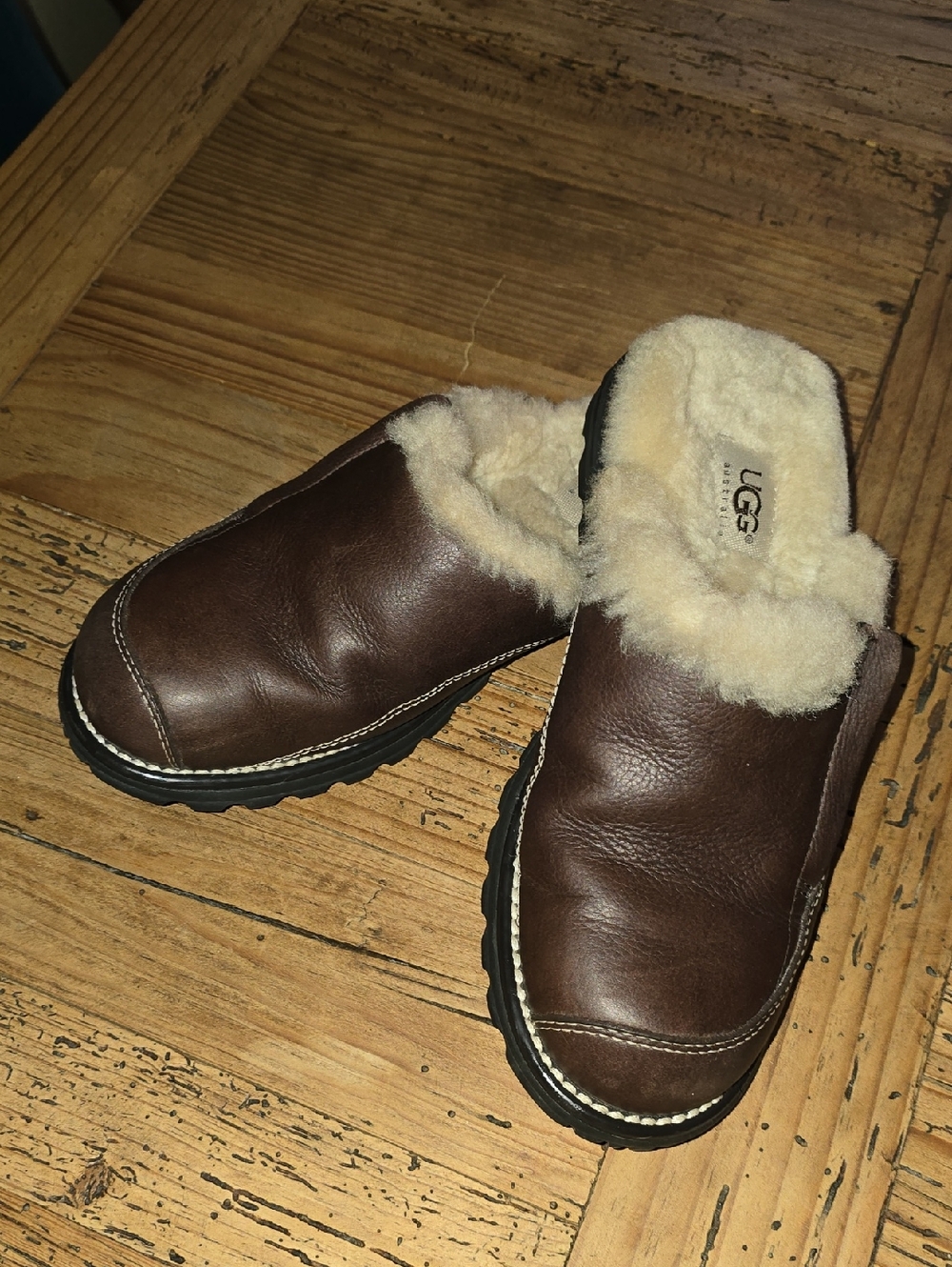 UGG Brown Leather Shearling-Lined Clog Mules US 6